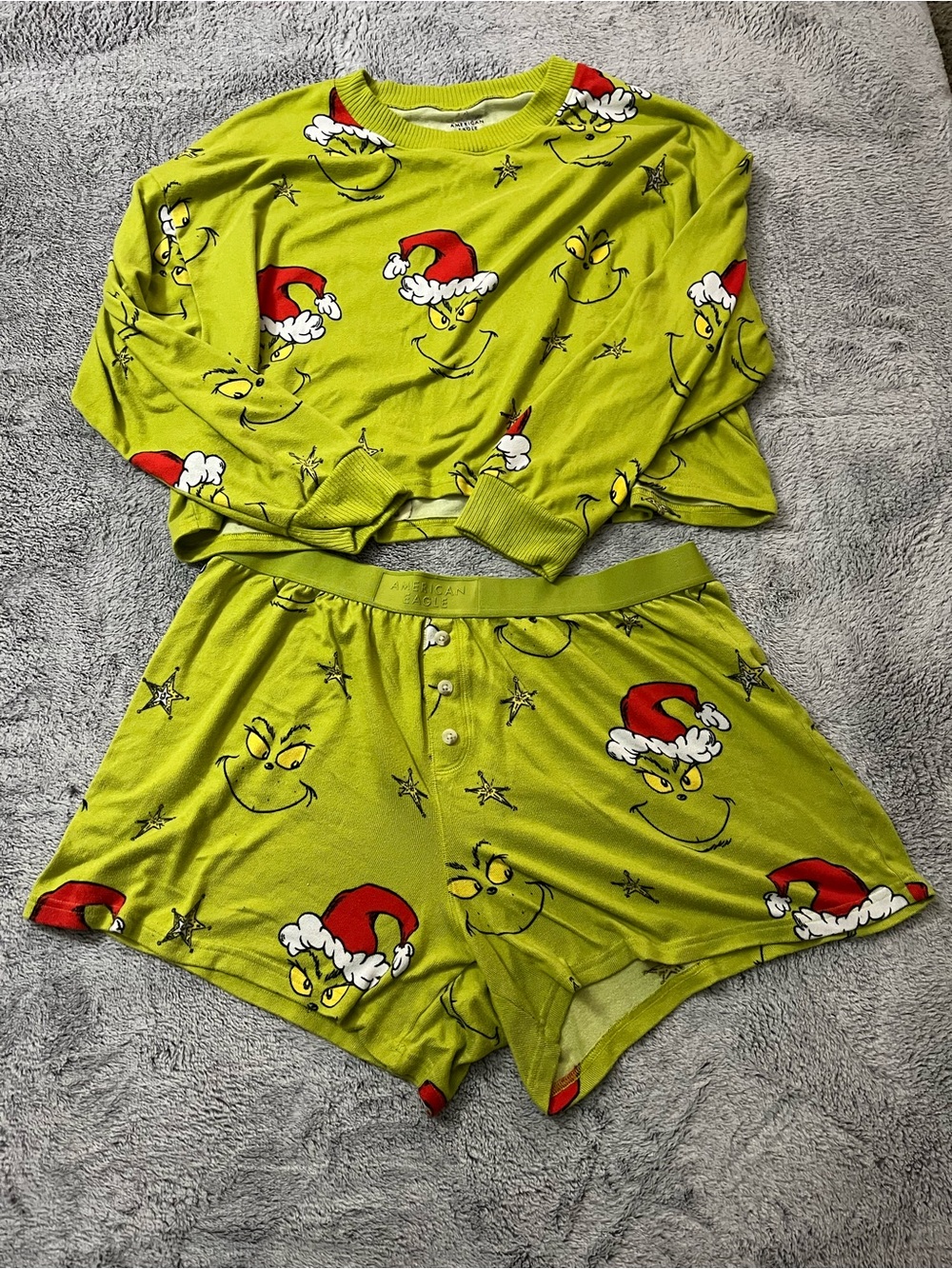 American eagle lounge Grinch Santa Hat Two-Piece Loungewear Set sz XL Lime Green